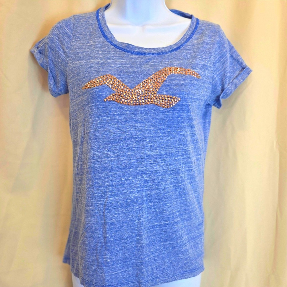 Hollister California Womens XS Blue T-Shirt Short Sleeve Bird Graphic